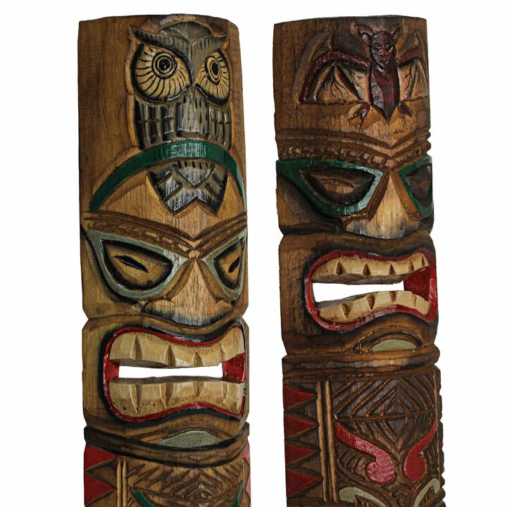 Set of 2 Tiki Mask Bat and Owl Totem Hand Carved Wall Decor Sculpture 24 Inch