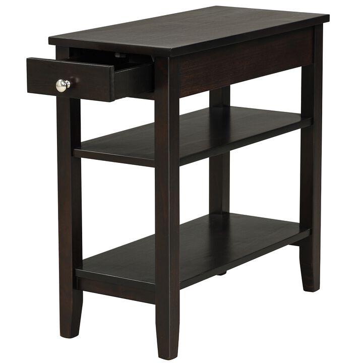 End Table with Drawer and 2-Tier Open Storage Shelves for Space Saving