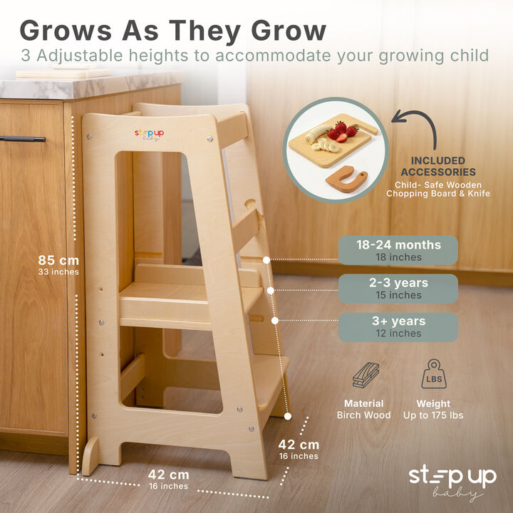 Stepup Baby&reg; Adjustable Toddler Tower - Natural (Unpainted) Wooden Step Stool for Kids | Toddler Standing Tower with Child-safe Chopper & Chopping Board for 18M-4Y