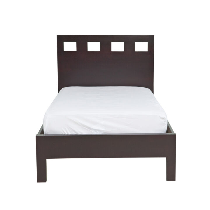 Yee Queen Size Platform Bed, Cut Out Panel Headboard, Espresso Brown Wood - Benzara
