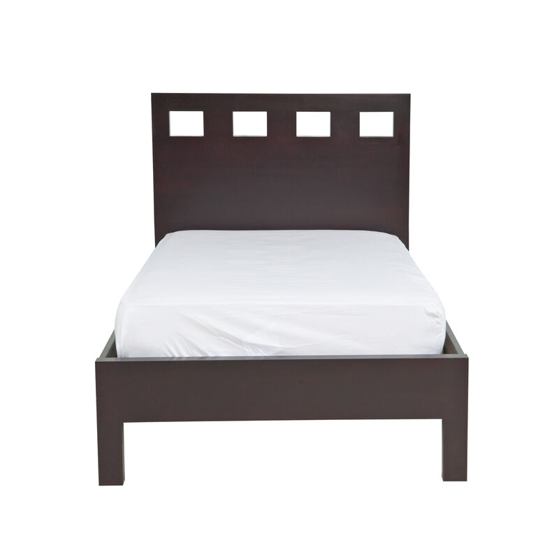 Yee Queen Size Platform Bed, Cut Out Panel Headboard, Espresso Brown Wood - Benzara