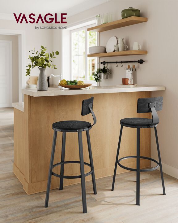 Set of 2 Tall Bar Stools with Backrest &ndash; Heavy-Duty Steel Frame for Kitchen