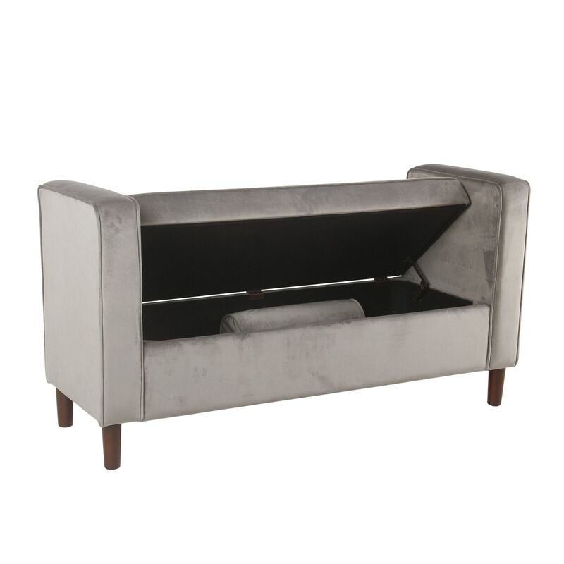 Velvet Upholstered Wooden Bench with Lift Top Storage and Two Bolster Pillows, Gray - Benzara
