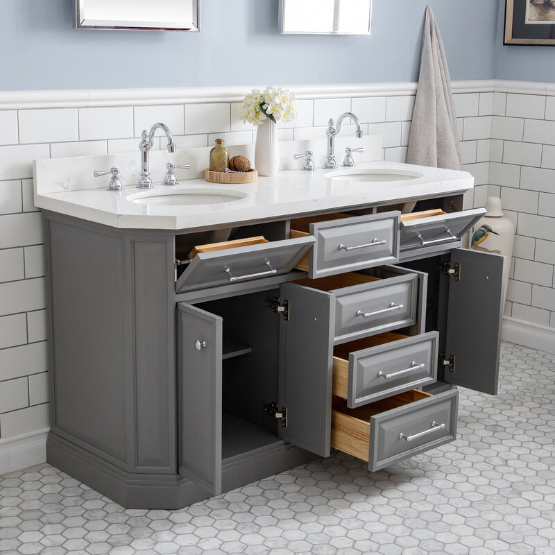 Palace 60 In. Double Sink Carrara Quartz Countertop Bath Vanity in Cashmere Grey with Chrome Hardware and Hook Faucets image number 3