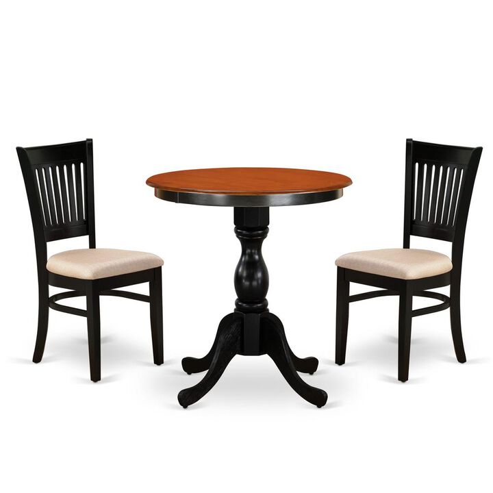 East West Furniture 3-Piece Dining Table Set Include a Wood Table and 2 Linen Fabric Kitchen Chairs with Slatted Back - Black Finish