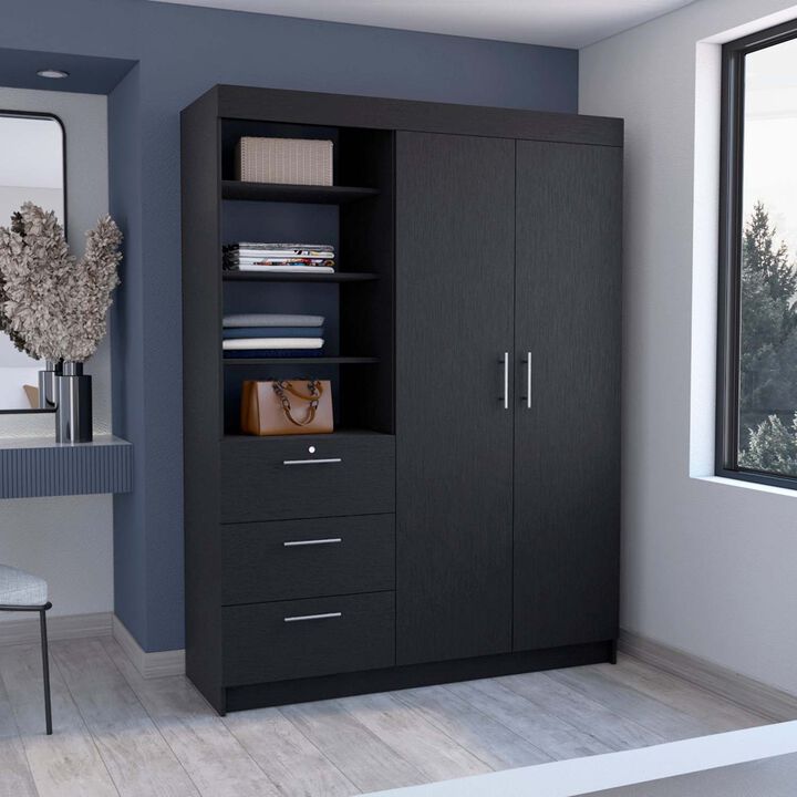 Streamdale Kenya 3 Drawers Armoire, Double Door, 3-Tier Shelf - Black