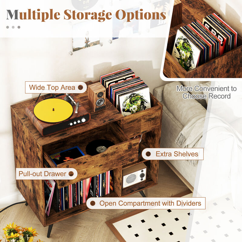 Record Player Console Stand with Power Strip and Storage Space