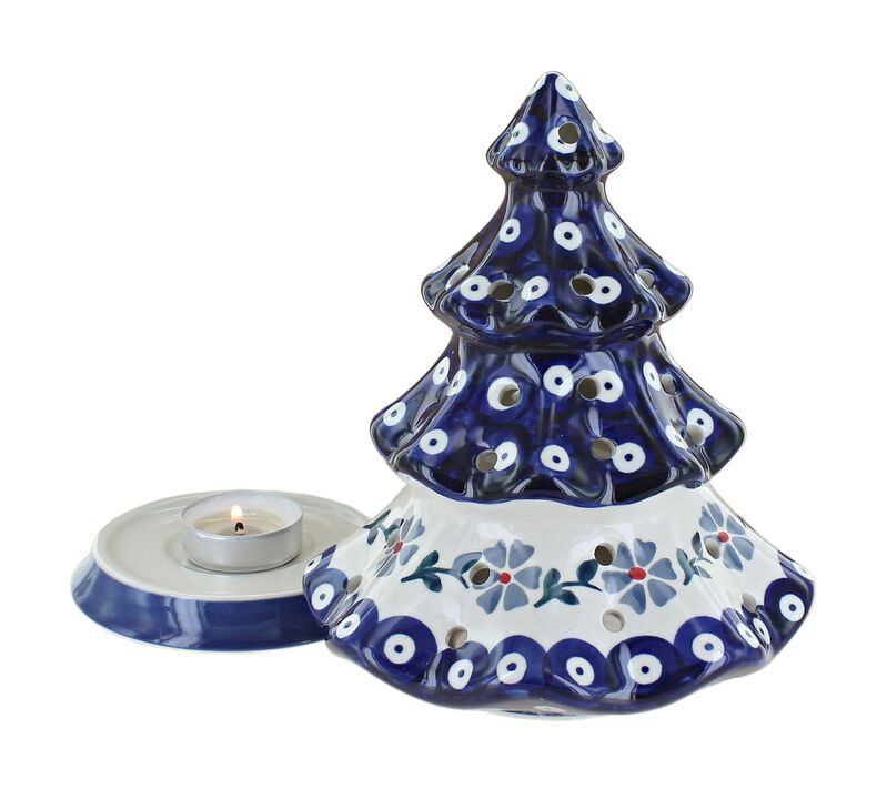 Blue Rose Polish Pottery Snow Flurry Tree Luminary