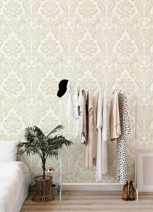 Shadow Cream Flocked Damask Wallpaper