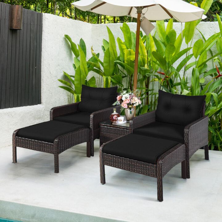 Hivvago 5 Pieces Patio Rattan Sofa Ottoman Furniture Set with Cushions-Black