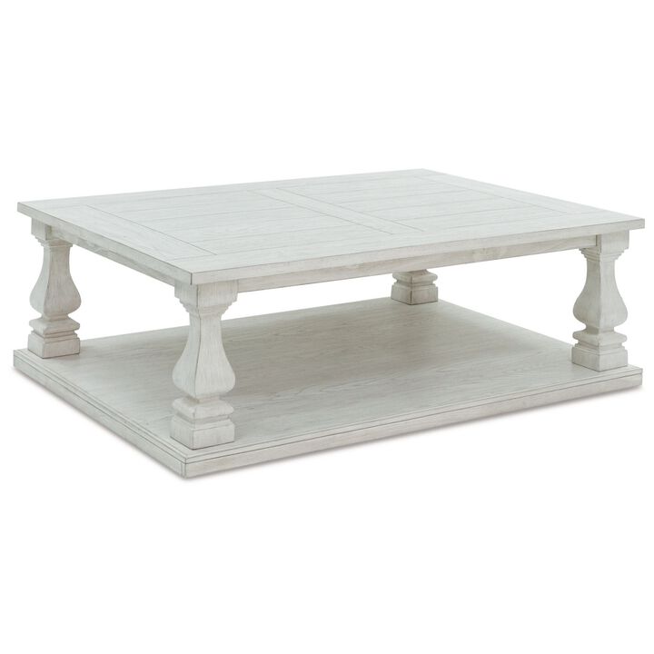 Dyne Cocktail Coffee Table, Plank Top, Balusters, 54 Inch White Wood