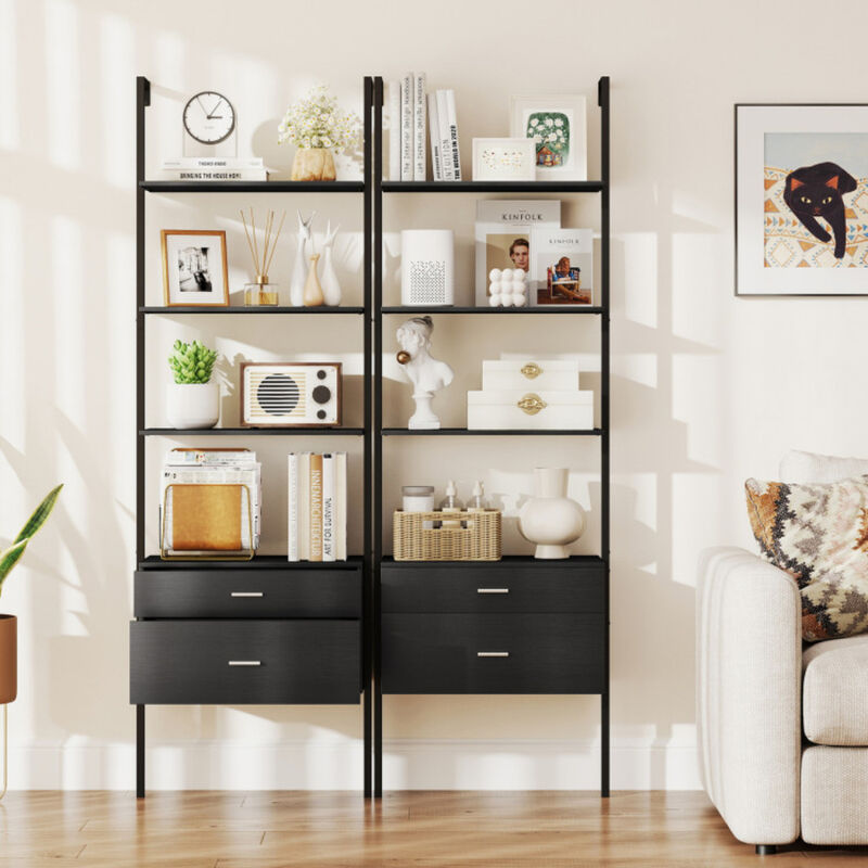 Modern 4-Tier Ladder Bookcase with Drawers, Metal Frame Display Shelf-Black image number 3