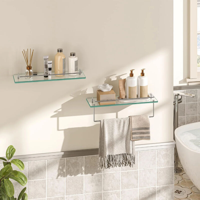 Wall-Mounted Glass Shelves Set of 2 with Durable Stainless Steel Frame-Silver image number 1