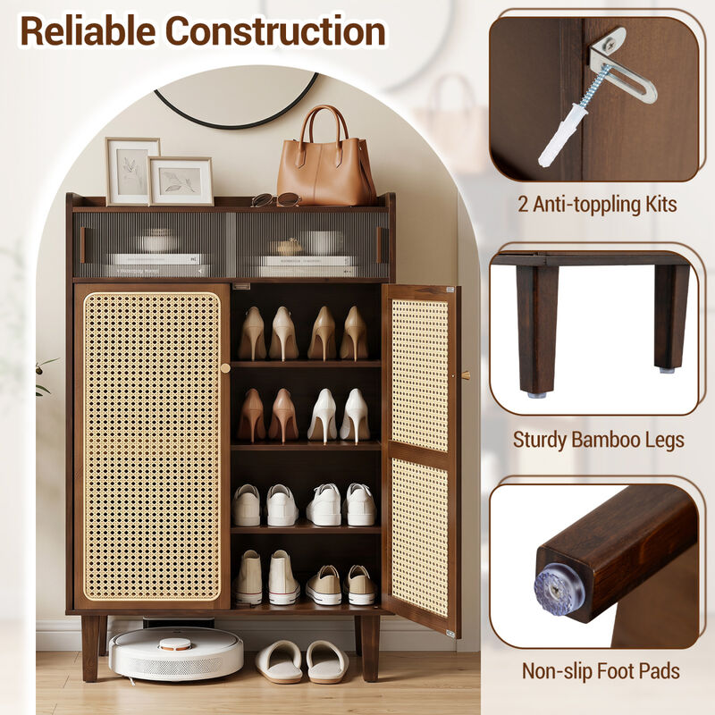 5-Tier Bamboo Shoe Cabinet with Woven Rattan Doors and Sliding Doors for Entryway image number 6