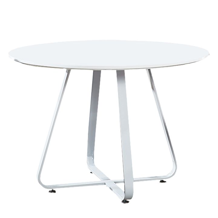 43 Inch Dining Table, Round High Gloss White Top and Angled Metal Legs - Benzara
