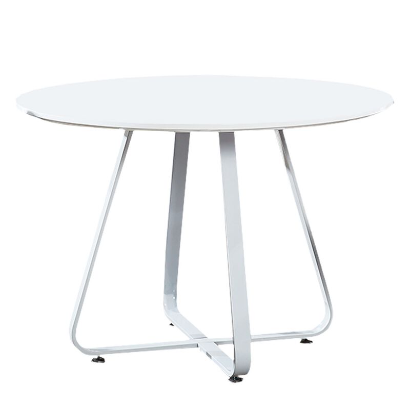 43 Inch Dining Table, Round High Gloss White Top and Angled Metal Legs