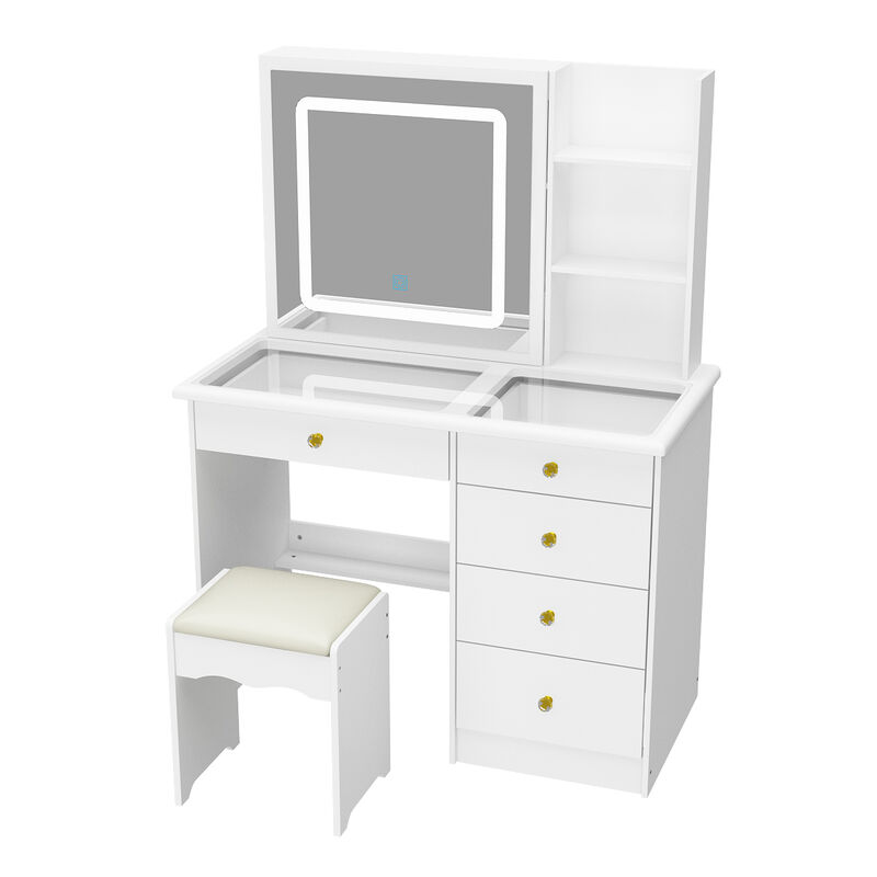 White Wood 39.4 in. W Large Glass Top Table Dresser Dressing Desk with LED Dimmable Mirror, 5-Drawers, Hidden shelves