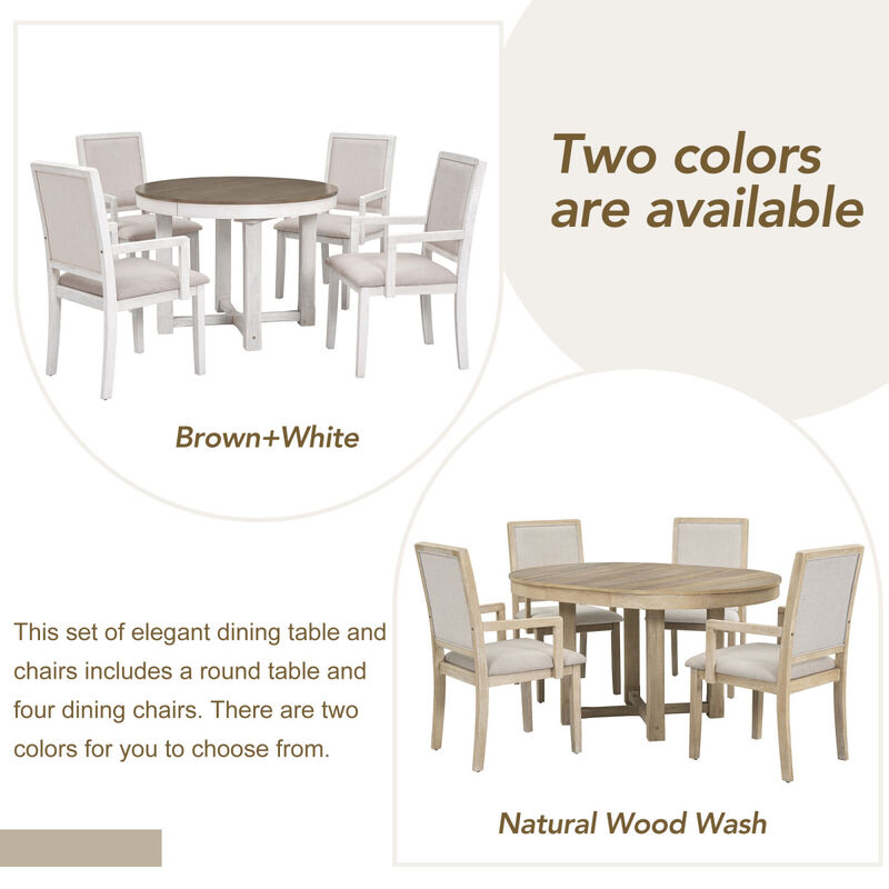 5-Piece Dining Table Set, Two-Size Round To Oval Extendable Butterfly Leaf Wood Dining Table and 4 Upholstered Dining Chairs with Armrests (Brown+White)