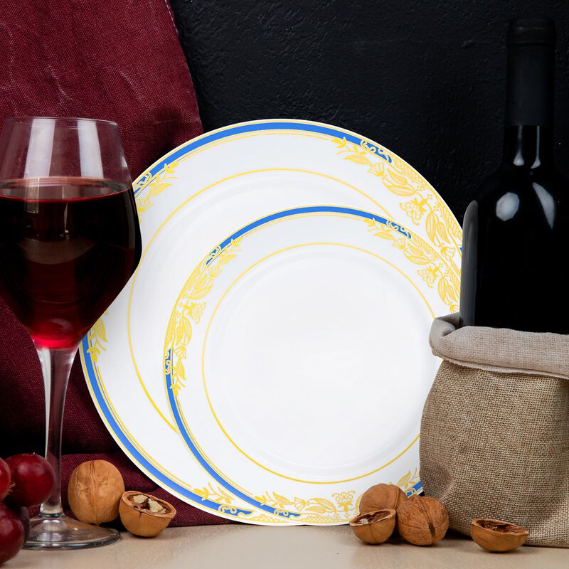 White with Blue and Gold Harmony Rim Plastic Dinnerware Value Set (40 Sets) image number 8