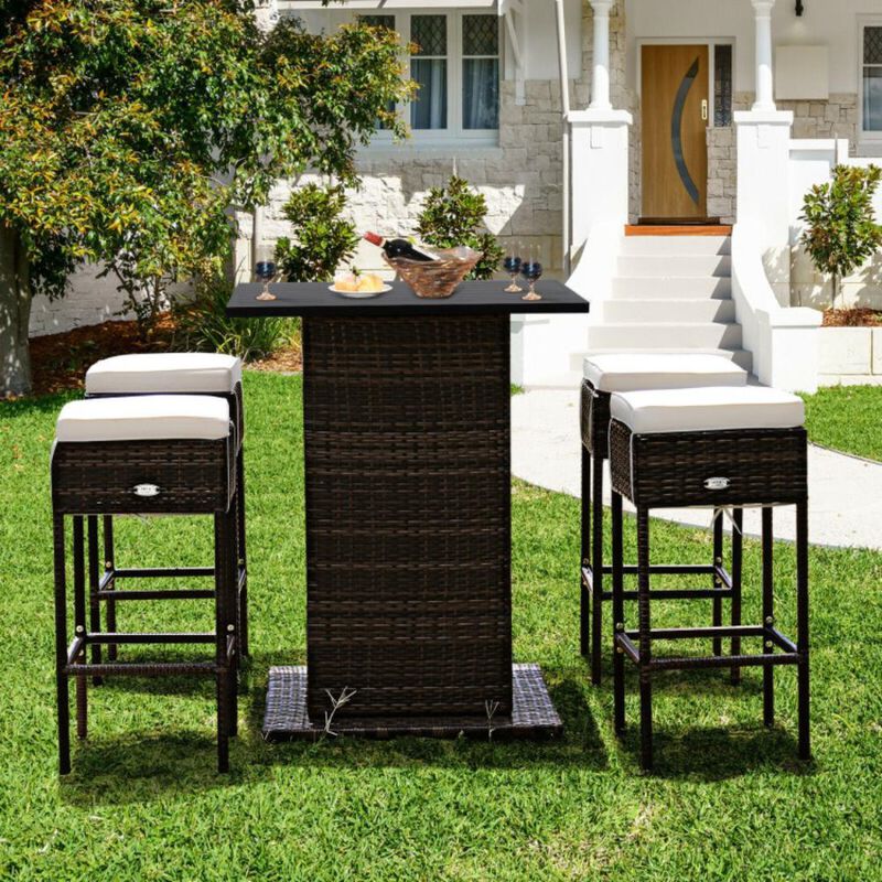 Hivvago 5 Pieces Patio Rattan Bar Furniture Set with Cushions and Hidden Storage Shelf