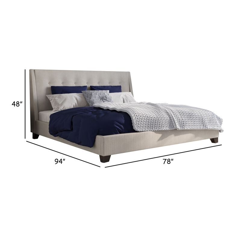 Atina California King Platform Bed, Button Tufted Beige Linen Upholstery - Benzara