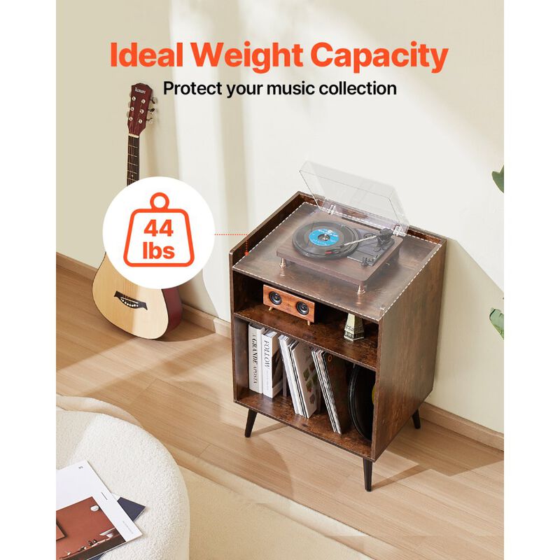 3-Tier Record Player with LED Light & USB Ports Wooden Vinyl Shelf
