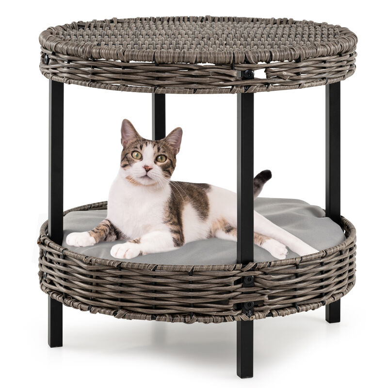 Rattan 2-Tier Cat Nest with Removable Padded Cushion for Home-Grey image number 3