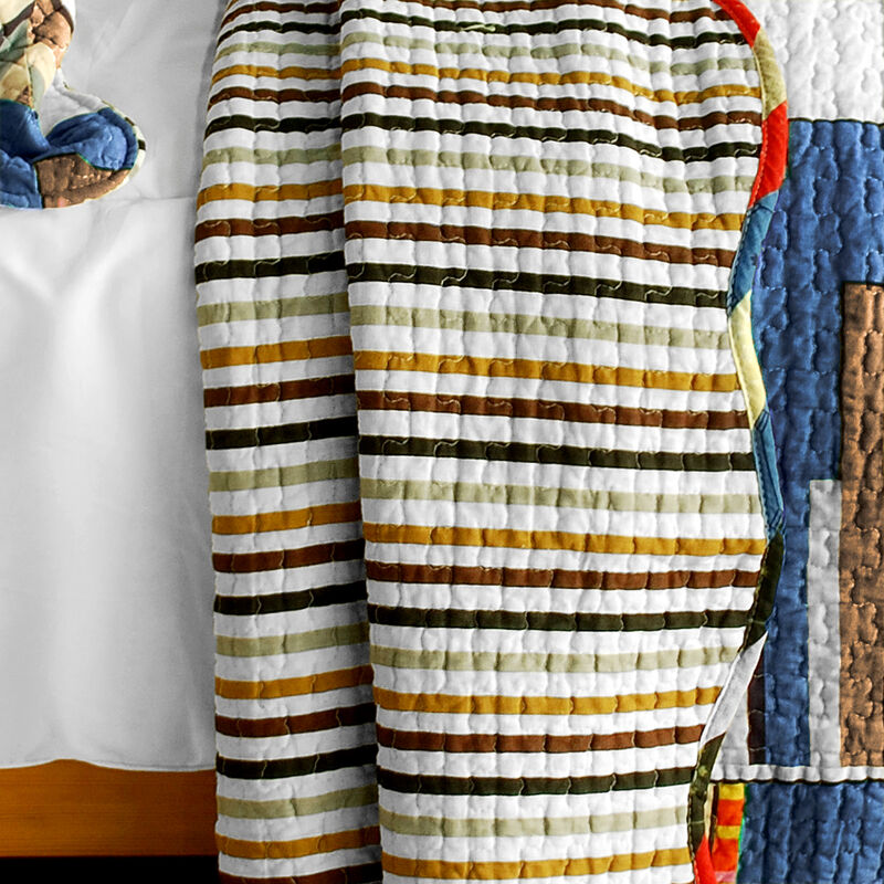 Cotton Queen Size 3PC Plaid Printed Quilt Set Dim Light Vermicelli Quilted Set image number 3