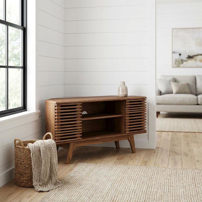 Brown wooden 46-inch corner TV stand with open shelving and versatile design image number 3