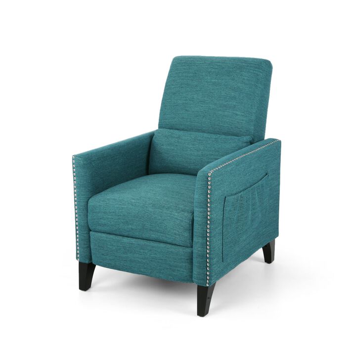 Davy Pushback Recliner Chair, Nailhead Trim, Birch Wood, Teal Fabric - Benzara
