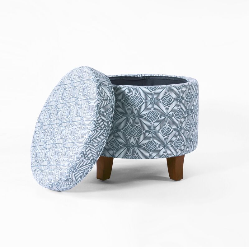 Loni Round Storage Ottoman, 19 Inch Indigo Blue Pattern, Walnut Brown image number 3