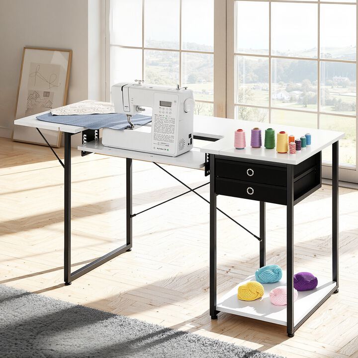Sewing Table with Drawers, Foldable Side Shelf and Adjustable Storage Shelf