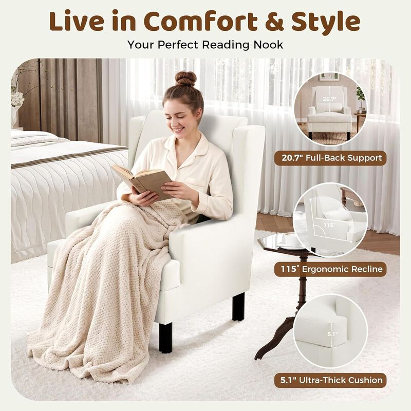 2 Pcs Upholstered Wingback Accent Chair, Modern Reading Armchair for Living Room, Bedroom, White image number 2