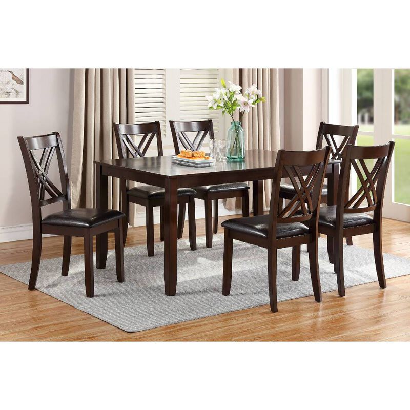 7pcs Dining Set Dining Table 6 Side Chairs Clean Espresso Finish Cushion Seats X Design back Chairs