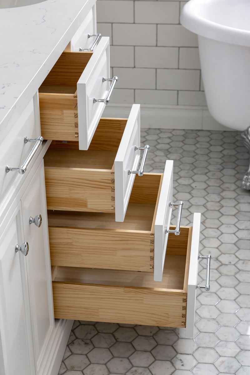 Palace 60 In. Double Sink Carrara Quartz Countertop Bath Vanity in Pure White with Chrome Hardware