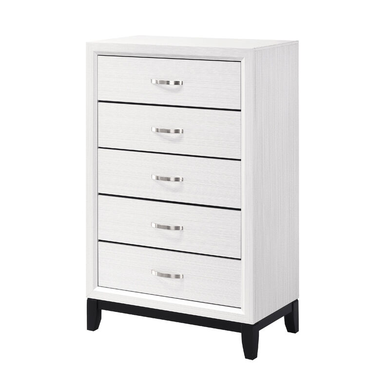 Ameya Tall Dresser Chest, 5 Drawers w Chrome Handles, White and Black - Benzara