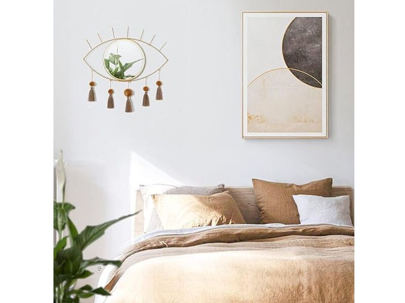 Boho Evil Eye Wall Mirror &ndash; Gold Metal Frame with Tassels