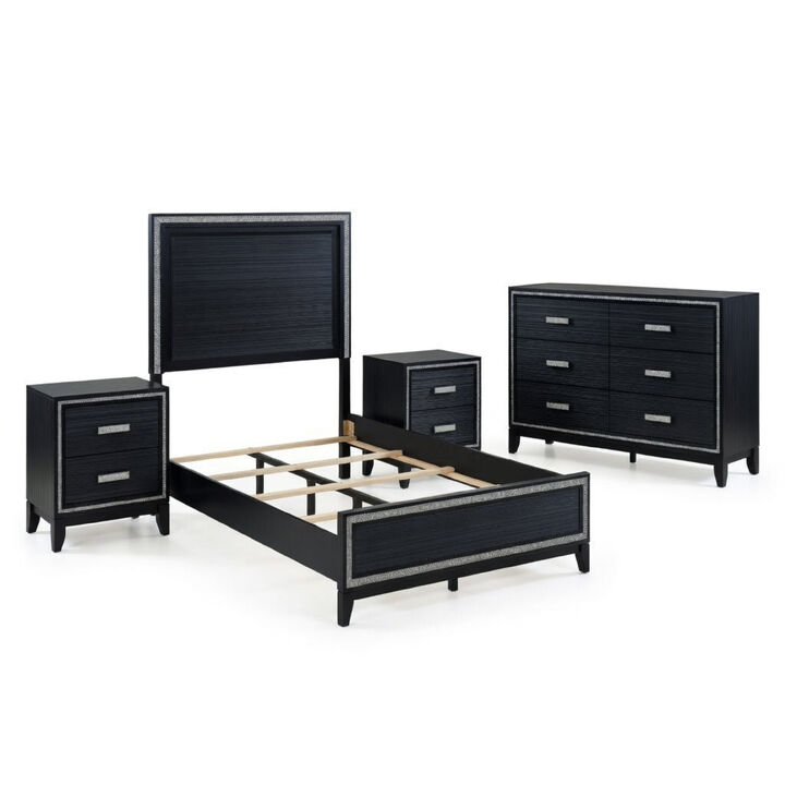 Queen Size Bedroom Set, Black Finish, 4-Piece Set with Bed, 2 Nightstands and Dresser