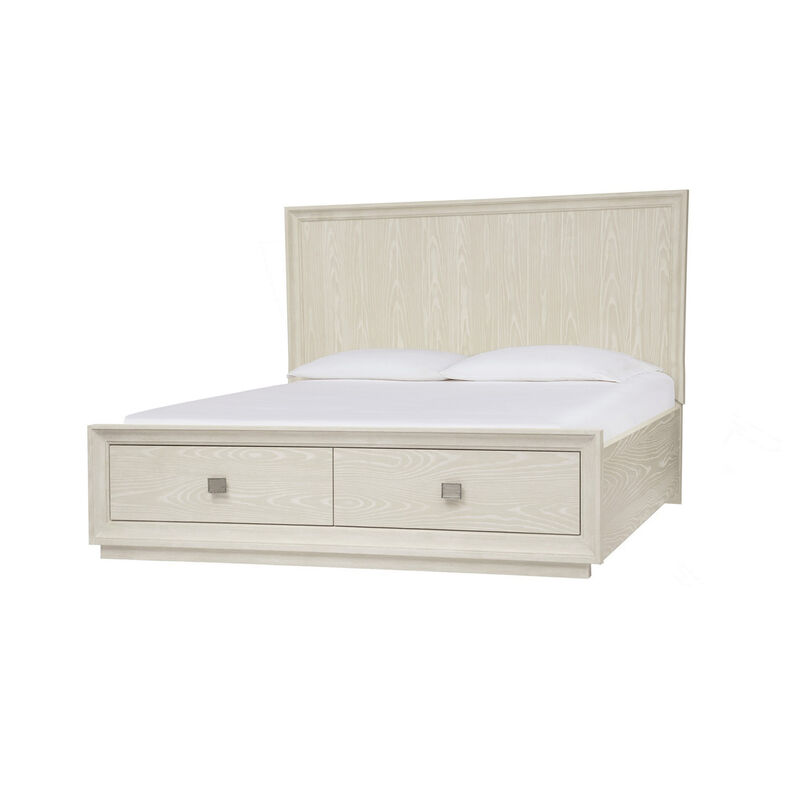 Maxi Queen Size Platform Bed, 2 Storage Drawers, High Headboard, Beige Wood - Benzara