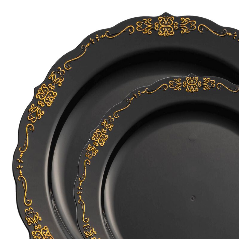 Black with Gold Vintage Rim Round Plastic Dinnerware Value Set (120 Sets) image number 9