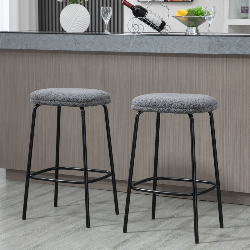 Glamour Home Set of 2 Ayana Gray Boucle Backless Counter Stool with Black Iron Legs
