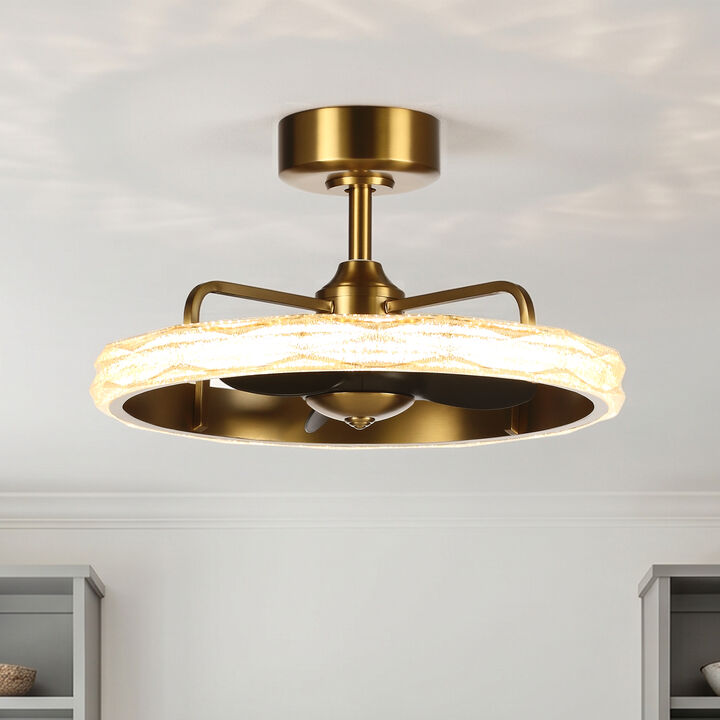 24" Modern Antique Brass Wheel Caged Acrylic Reversible Dimmable Ceiling Fan with Light and Remote for Bedroom, Living Room or Dining Room