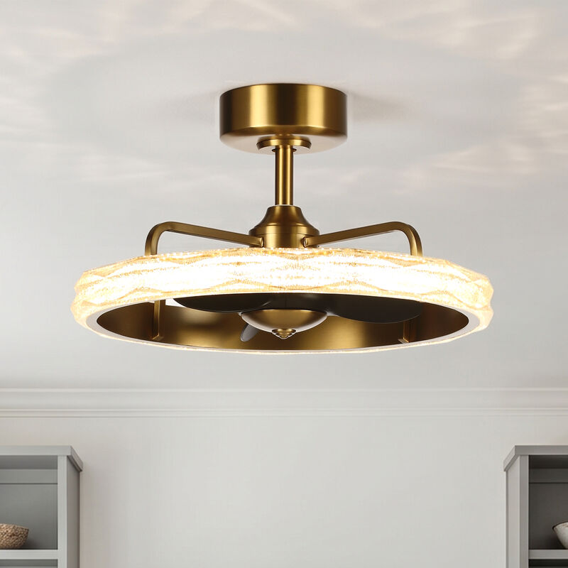 24" Modern Antique Brass Wheel Caged Acrylic Reversible Dimmable Ceiling Fan with Light and Remote for Bedroom, Living Room or Dining Room image number 1