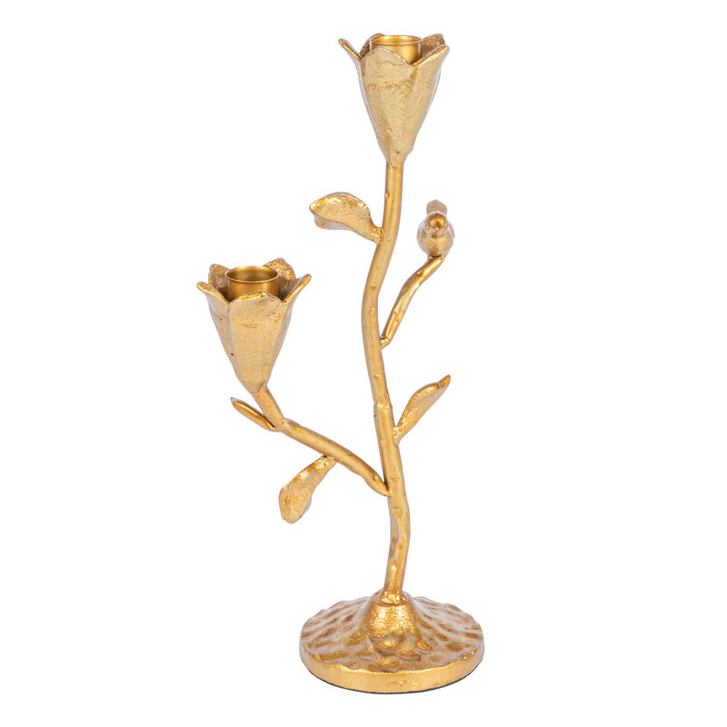 Tall Hand-Forged Cast Iron Candelabra with Flowers and Bird, Gold image number 0