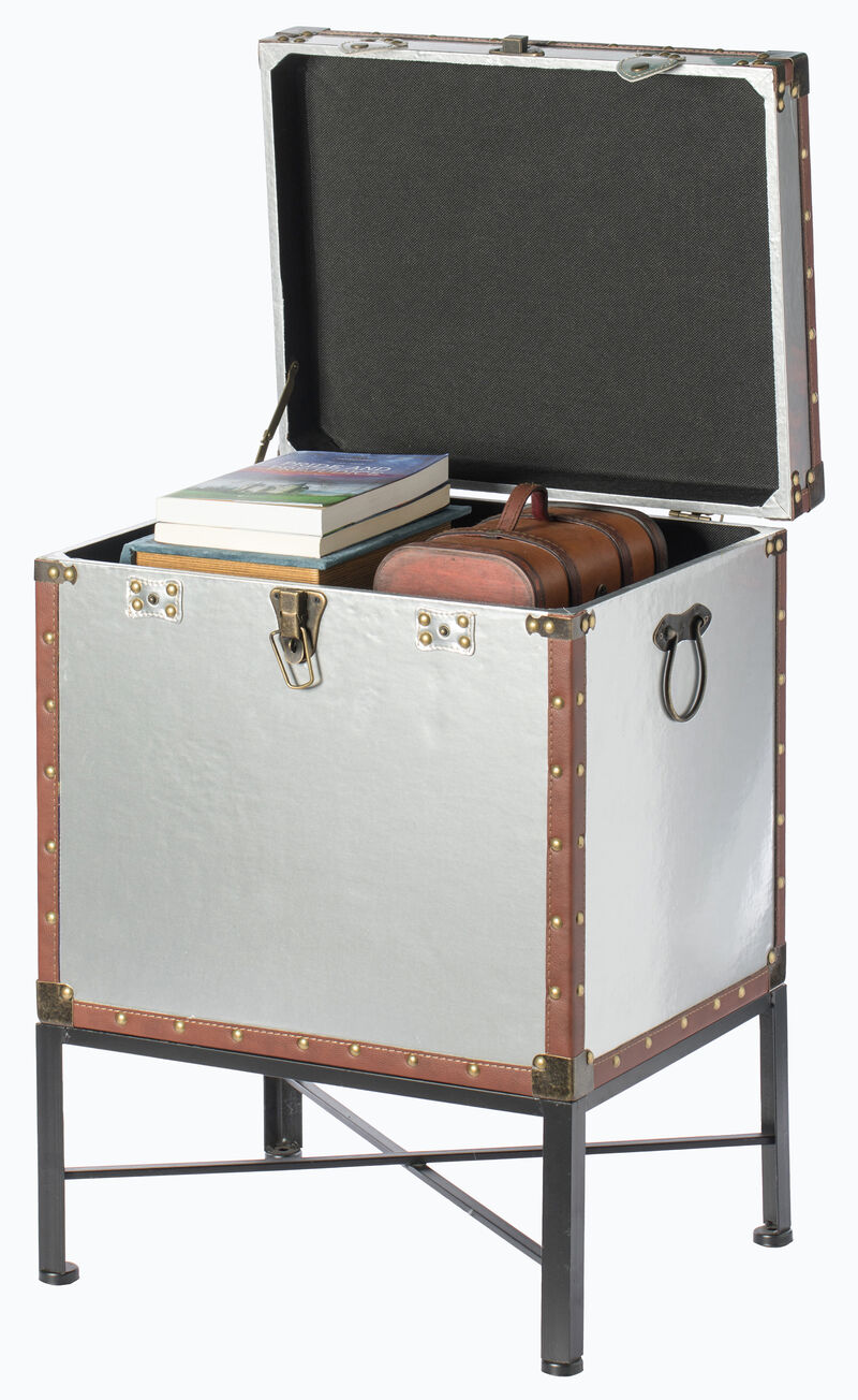 Silver and Brown Trimmed Faux Leather Lockable Square Lined Storage Trunk, End Table on Metal Stand