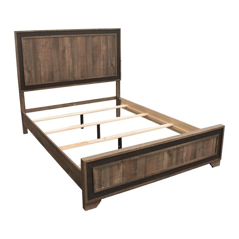 Modern Queen Size Bed w Tall Panel Headboard, Rustic Brown Wood - Benzara