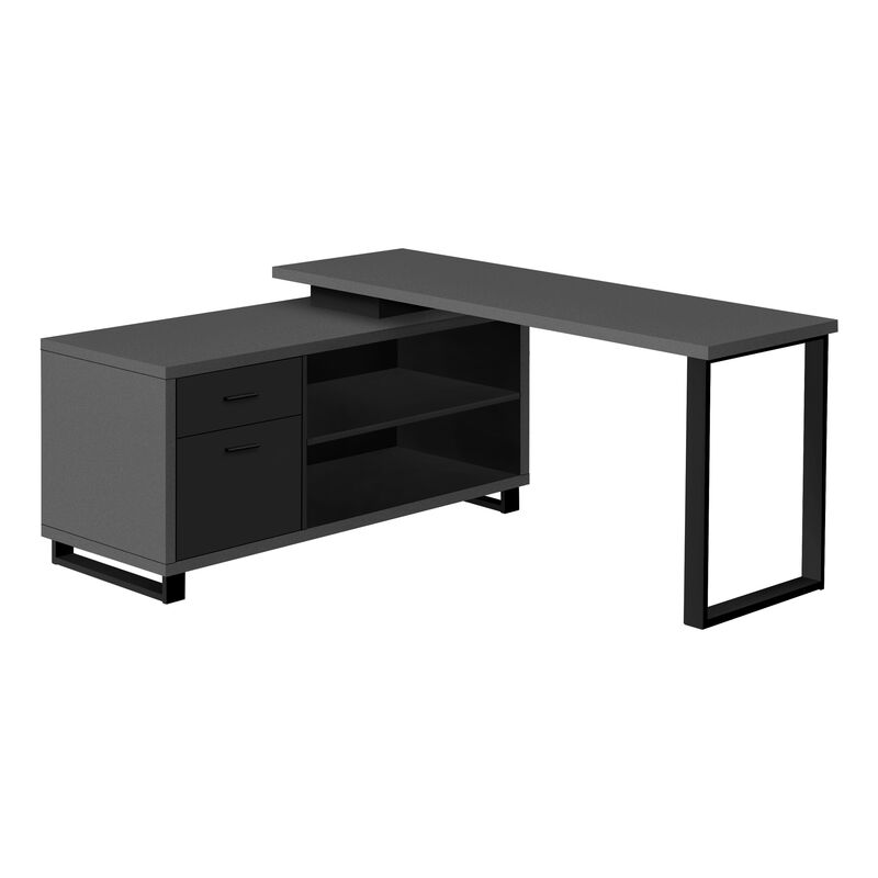 Computer Desk, Home Office, Corner, Storage Drawers, 72"L, L Shape, Work, Laptop, Metal, Laminate, Grey, Black, Contemporary, Modern