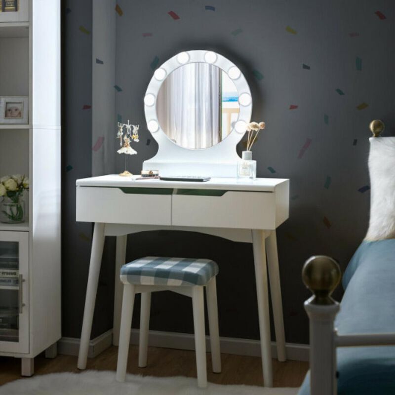 Dressing Table with Large Round Mirror and 8 Light Bulbs for Bedroom
