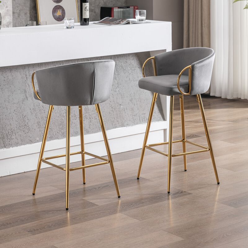 26 Inch Set of 2 Velvet Bar Stools with Chrome Footrest and Golden Base Counter Height Stools image number 4