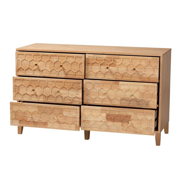 Baxton Studio Hosea Japandi Carved Honeycomb Natural 6-Drawer Dresser
